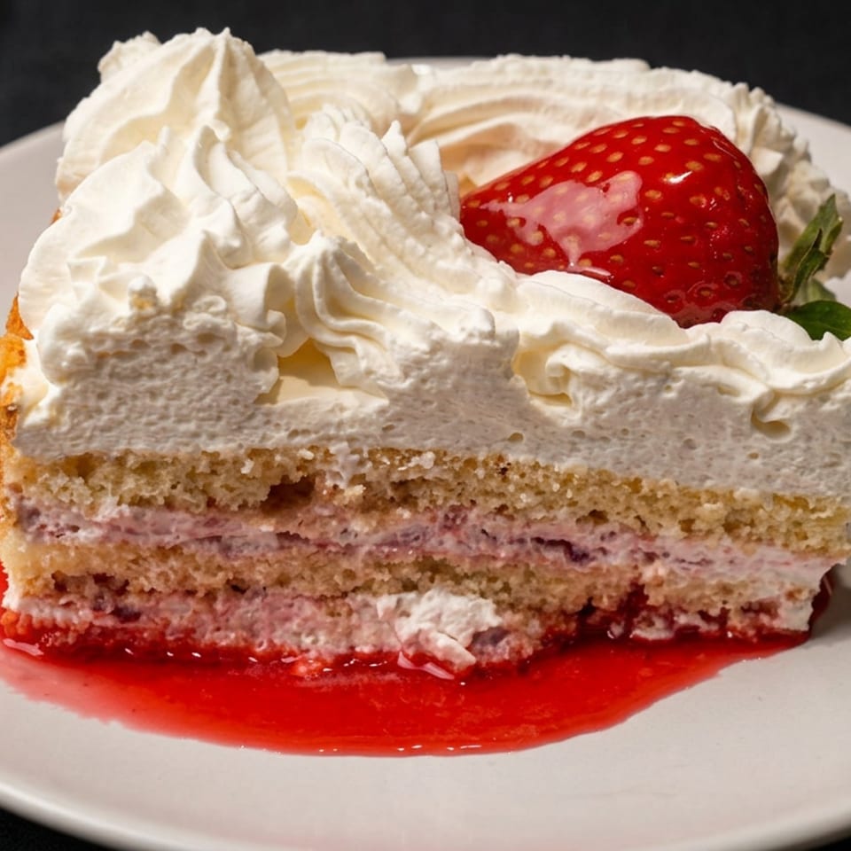 Slice of strawberry cream cake layered with sponge and berry filling, topped with whipped cream and a fresh strawberry on a plate.