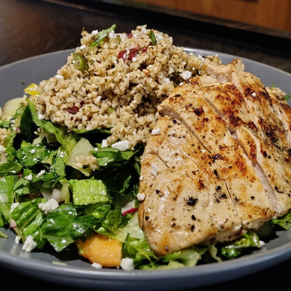 Grilled sliced chicken breast served with seasoned rice, leafy green salad, feta cheese, and roasted vegetables on a gray plate.